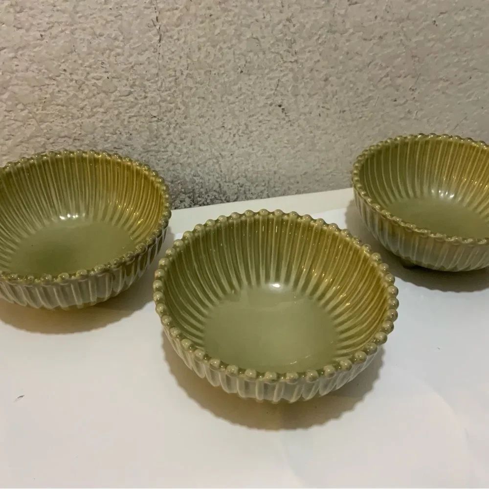 3 Pc Costa Nova Fine Stoneware Pearl Green Dipping Sauce Bowl Beaded Rim